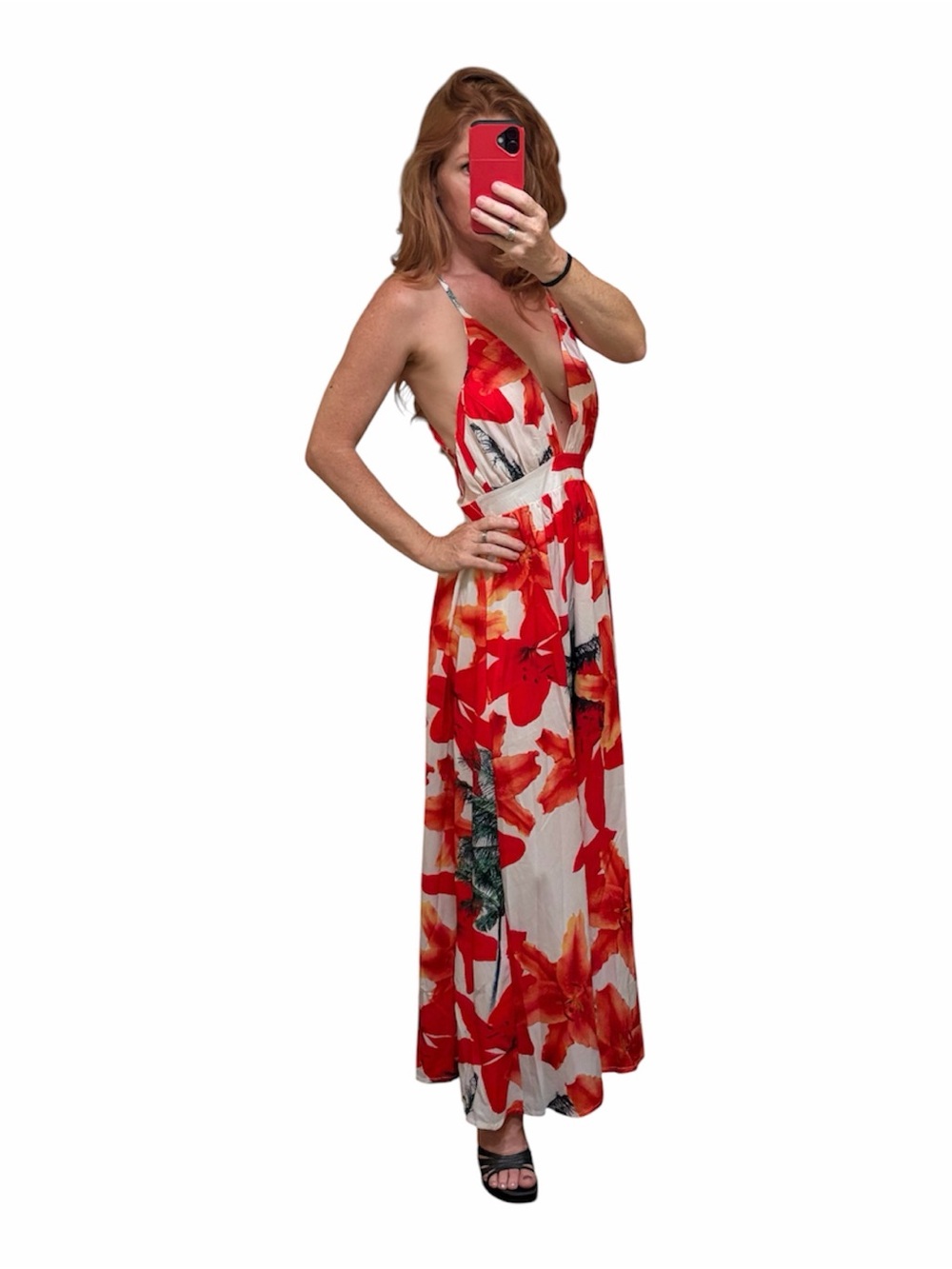 CBR Red Floral Plunge Maxi Dress